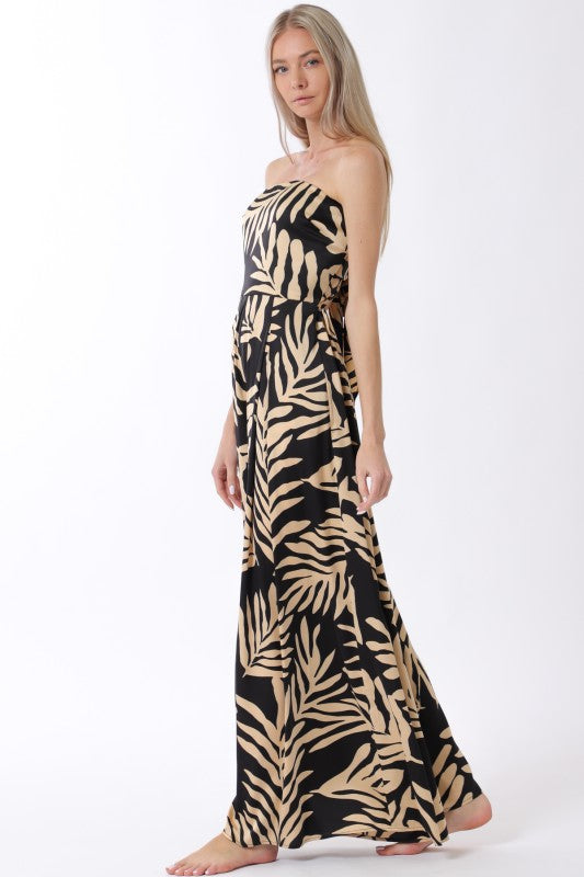 Sleeveless Back Tie Tropical Print Wide Leg Jumpsuit Black