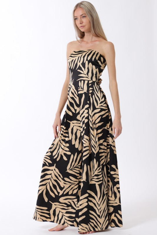 Sleeveless Back Tie Tropical Print Wide Leg Jumpsuit Black