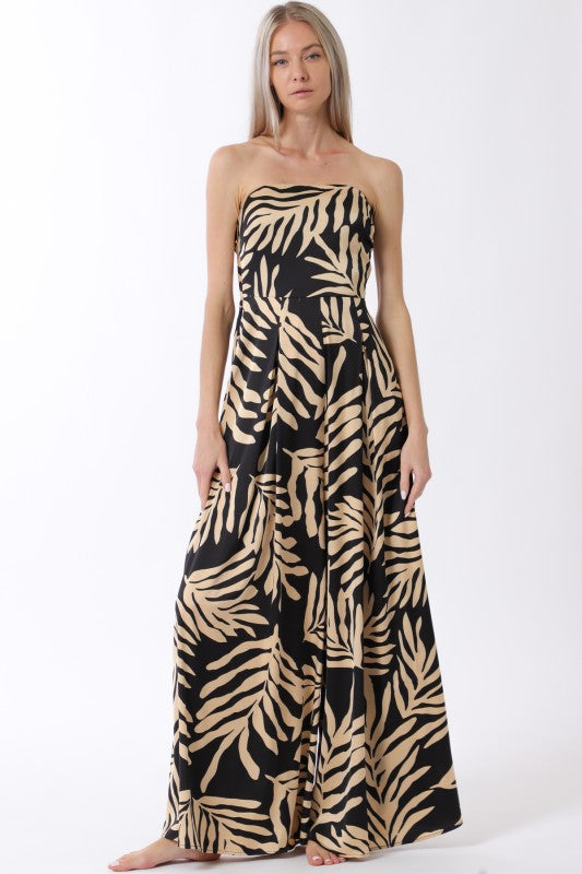 Sleeveless Back Tie Tropical Print Wide Leg Jumpsuit Black