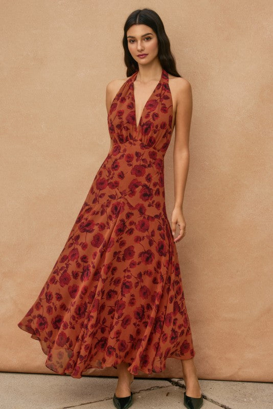 Sleeveless Halter Floral Print Midi Dress Rust