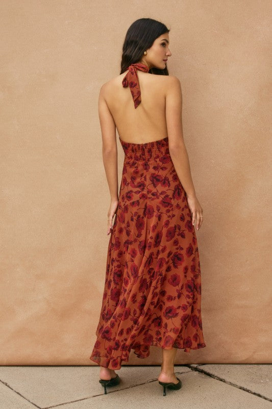 Sleeveless Halter Floral Print Midi Dress Rust