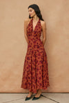 Sleeveless Halter Floral Print Midi Dress Rust