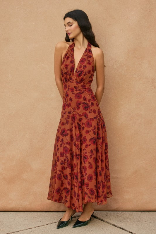 Sleeveless Halter Floral Print Midi Dress Rust