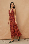 Sleeveless Halter Floral Print Midi Dress Rust
