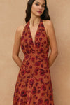 Sleeveless Halter Floral Print Midi Dress Rust