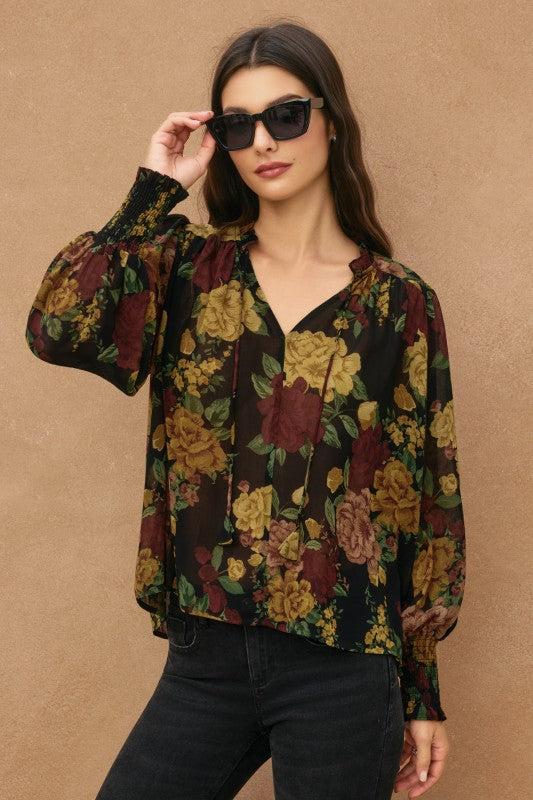 Long Sleeve Floral Print Top Black