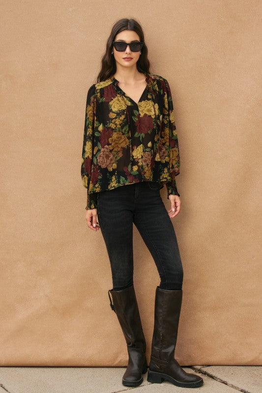 Long Sleeve Floral Print Top Black