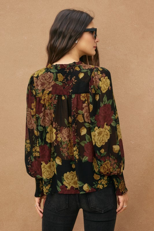 Long Sleeve Floral Print Top Black