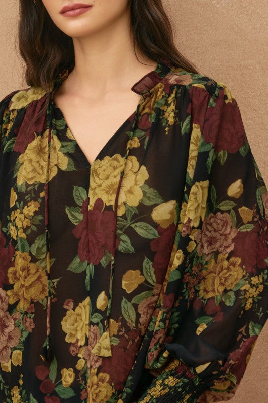 Long Sleeve Floral Print Top Black