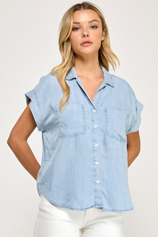 Short Sleeve Button Down Top Blue