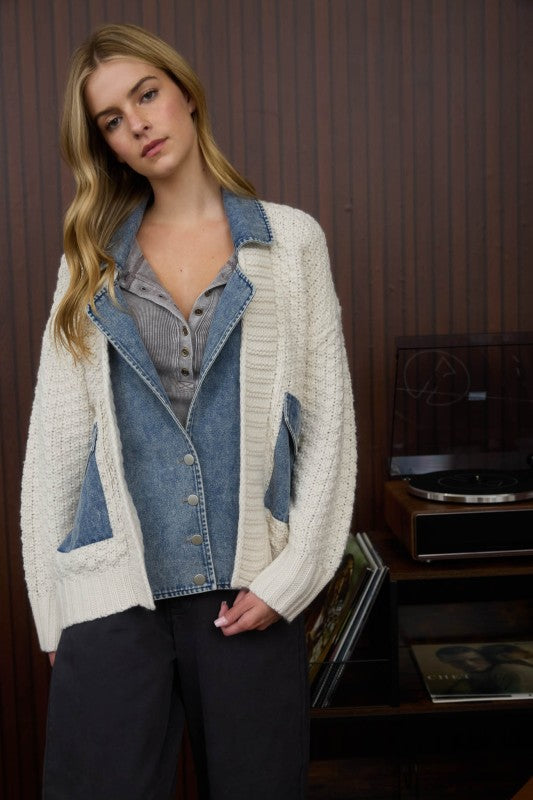 Long Sleeve Cable Knit Denim Trim Shacket Natural