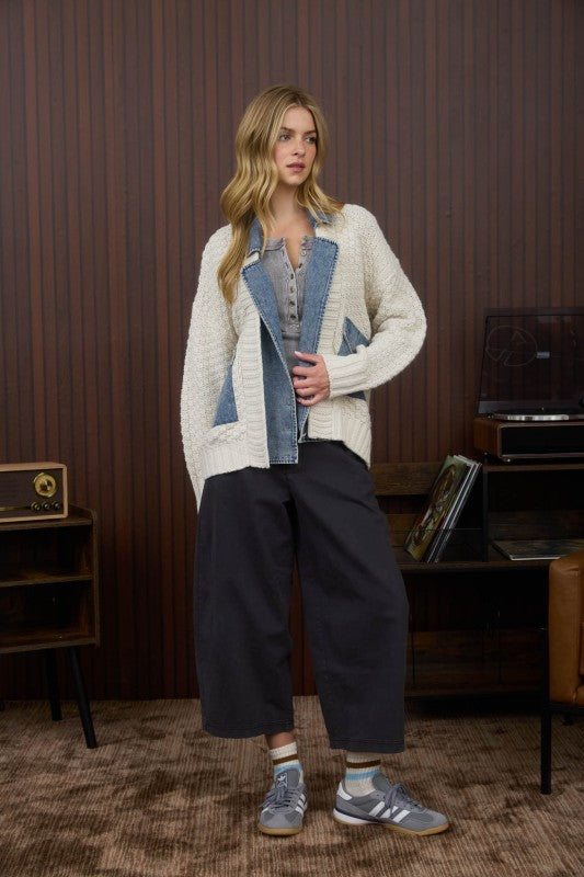 Long Sleeve Cable Knit Denim Trim Shacket Natural