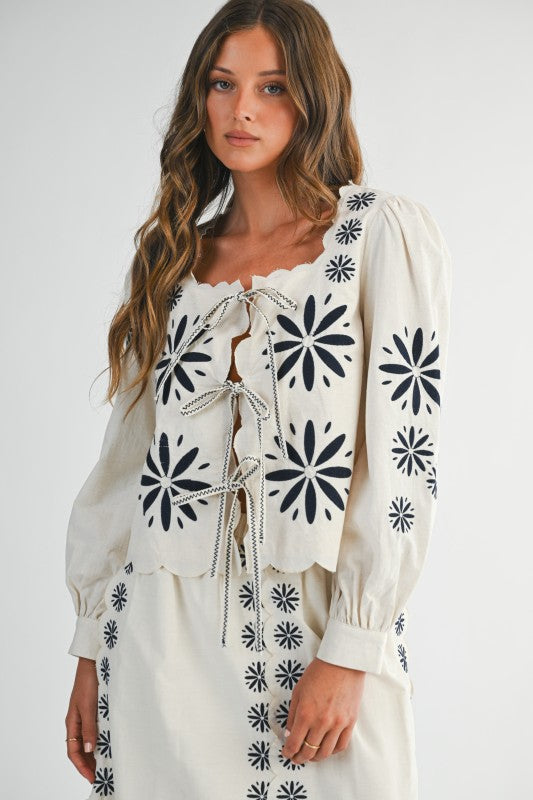 Long Sleeve Floral Embroidered Front Tie Top Cream
