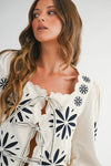 Long Sleeve Floral Embroidered Front Tie Top Cream