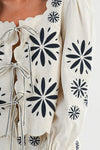 Long Sleeve Floral Embroidered Front Tie Top Cream