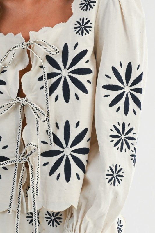 Long Sleeve Floral Embroidered Front Tie Top Cream