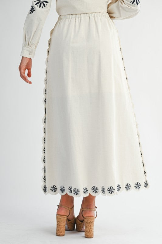 High Waist Embroidered A-Line Midi Skirt Cream