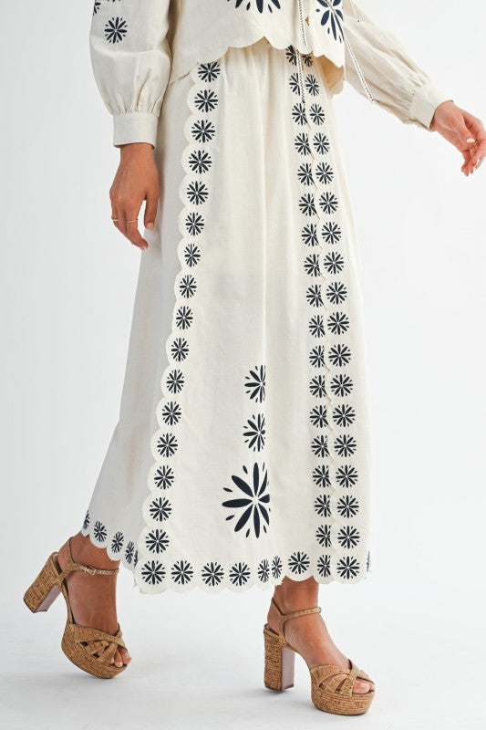 High Waist Embroidered A-Line Midi Skirt Cream