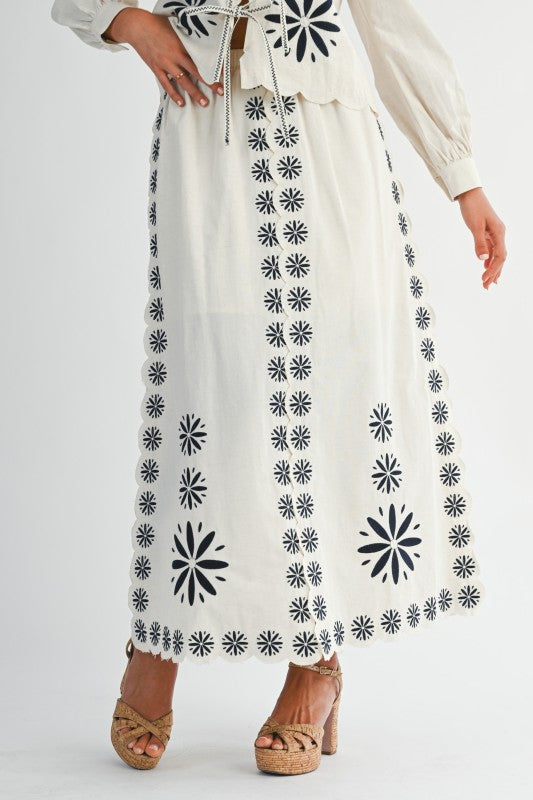 High Waist Embroidered A-Line Midi Skirt Cream