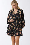  Long Sleeve Waist Tie Floral Print Mini Dress Navy