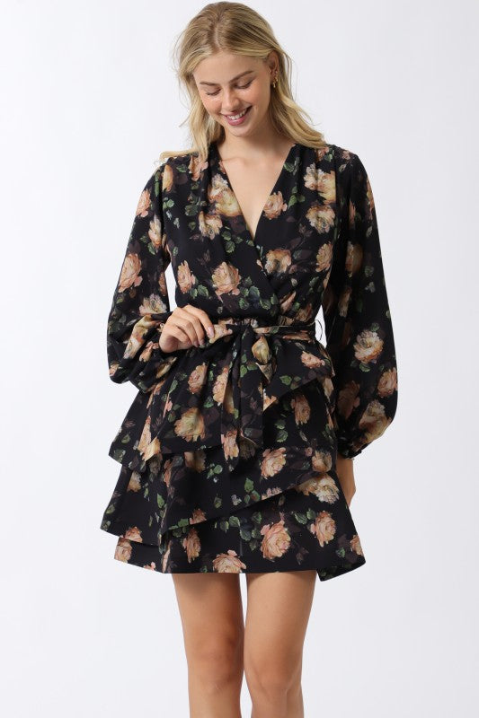  Long Sleeve Waist Tie Floral Print Mini Dress Navy