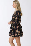  Long Sleeve Waist Tie Floral Print Mini Dress Navy