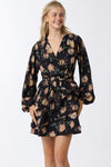  Long Sleeve Waist Tie Floral Print Mini Dress Navy