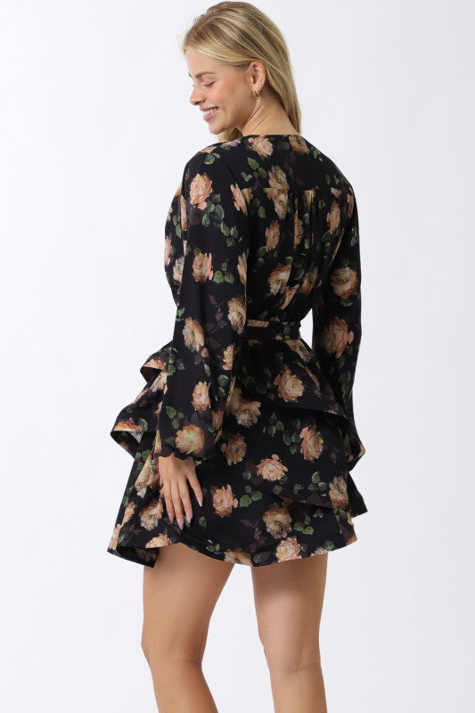  Long Sleeve Waist Tie Floral Print Mini Dress Navy