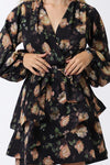  Long Sleeve Waist Tie Floral Print Mini Dress Navy