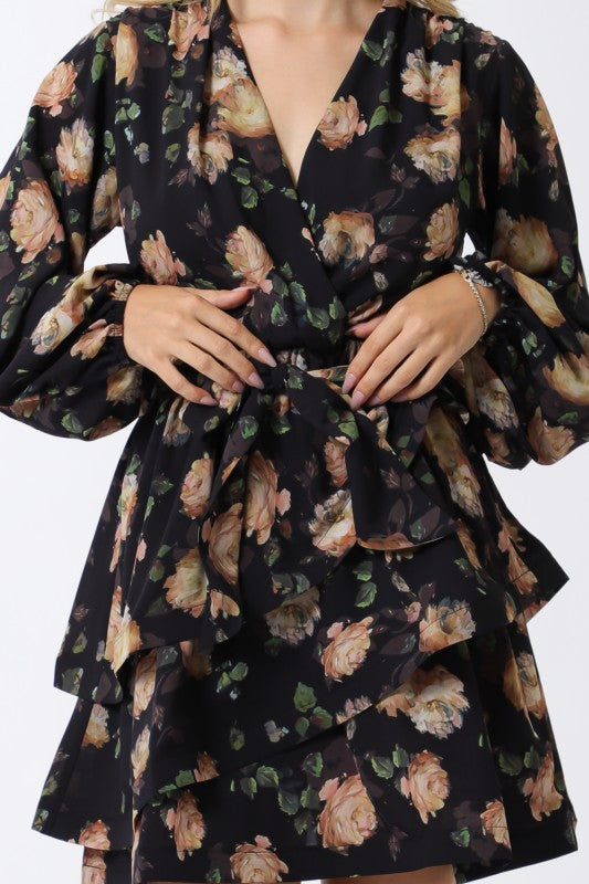  Long Sleeve Waist Tie Floral Print Mini Dress Navy