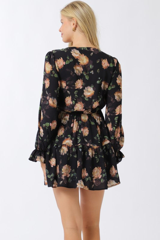Long Sleeve Button Front Floral Print Mini Dress Navy