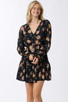 Long Sleeve Button Front Floral Print Mini Dress Navy