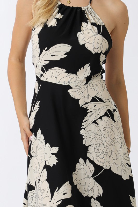 Sleeveless Halter Floral Print Maxi Dress Black