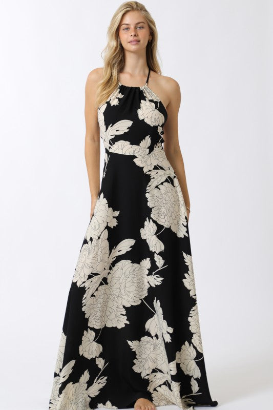Sleeveless Halter Floral Print Maxi Dress Black