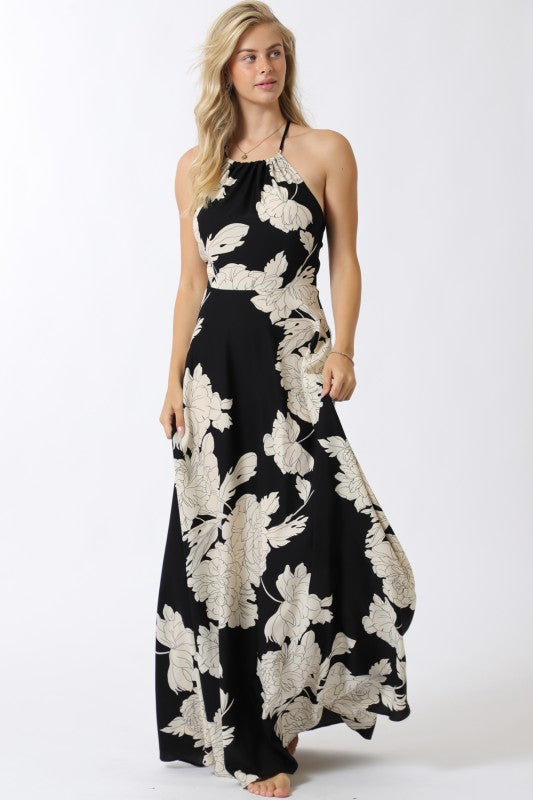 Sleeveless Halter Floral Print Maxi Dress Black