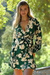 Long Sleeve Floral Print Mini Dress Green