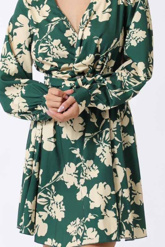 Long Sleeve Floral Print Mini Dress Green
