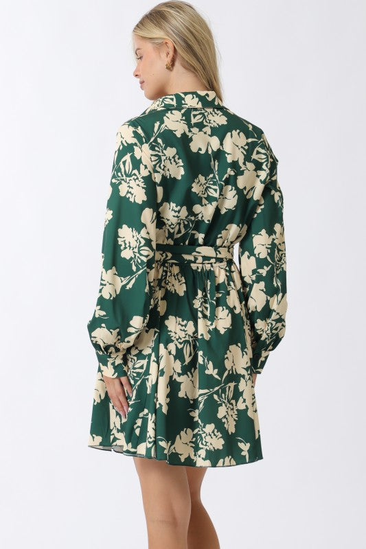 Long Sleeve Floral Print Mini Dress Green