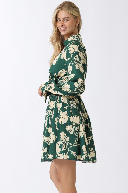 Long Sleeve Floral Print Mini Dress Green