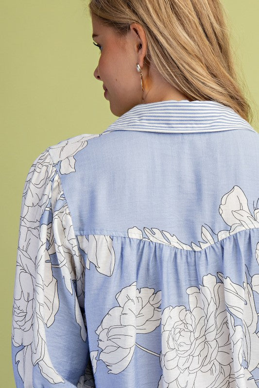 3/4 Sleeve Button Down Floral Print Top Blue