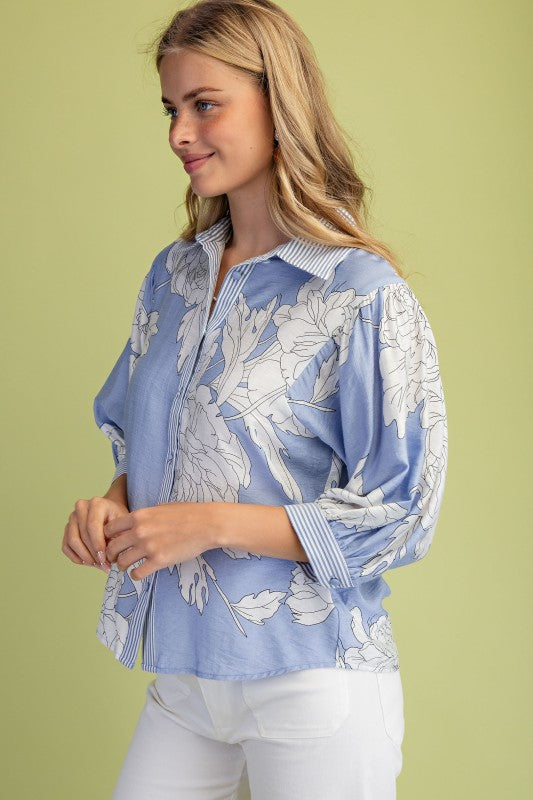 Dorothy 3/4 Sleeve Button Down Floral Print Top Blue – Miss Match