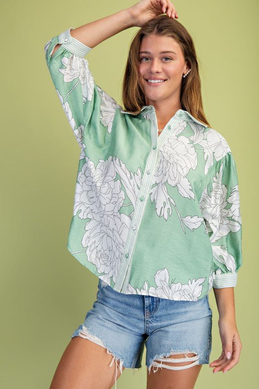 3/4 Sleeve Button Down Floral Print Top Sage