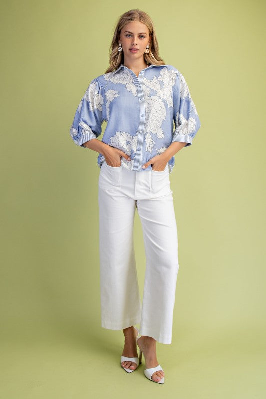 Dorothy 3/4 Sleeve Button Down Floral Print Top Blue – Miss Match