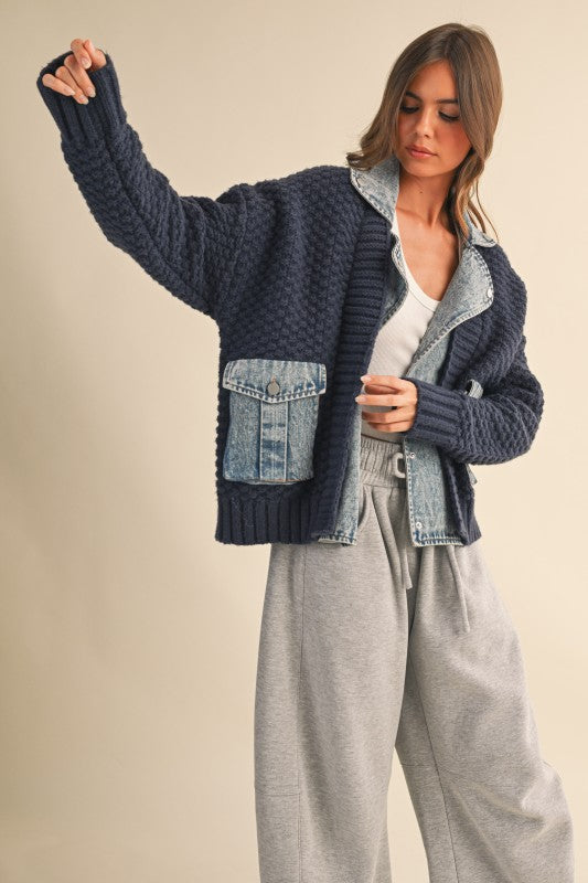 Long Sleeve Cable Knit Denim Trim Shacket Navy