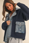 Long Sleeve Cable Knit Denim Trim Shacket Navy