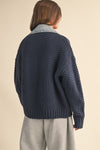 Long Sleeve Cable Knit Denim Trim Shacket Navy