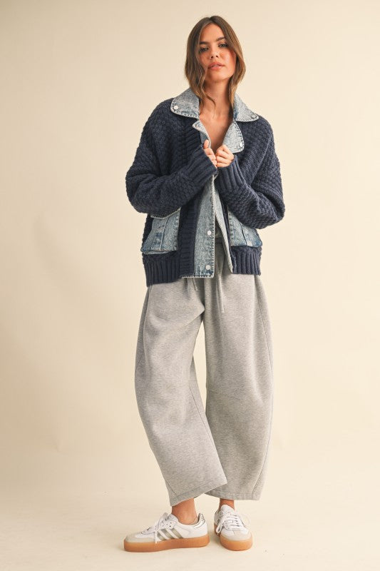 Long Sleeve Cable Knit Denim Trim Shacket Navy