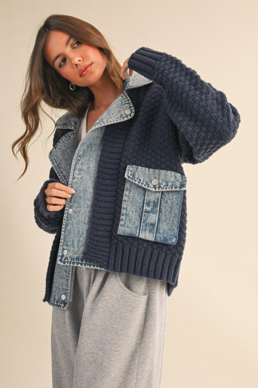 Long Sleeve Cable Knit Denim Trim Shacket Navy