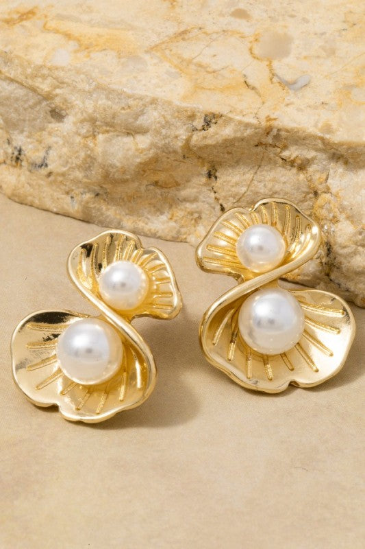 Double Pearl Stud Earrings Gold