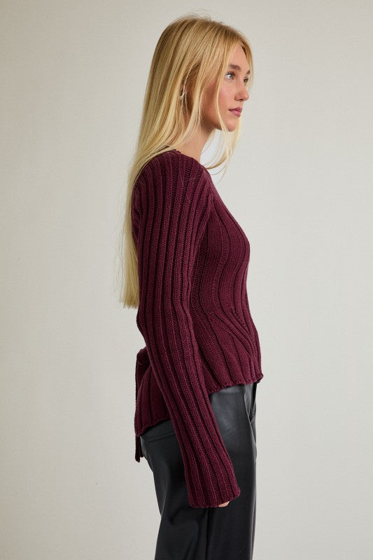 Long Sleeve Open Back Tie Knit Sweater Burgundy